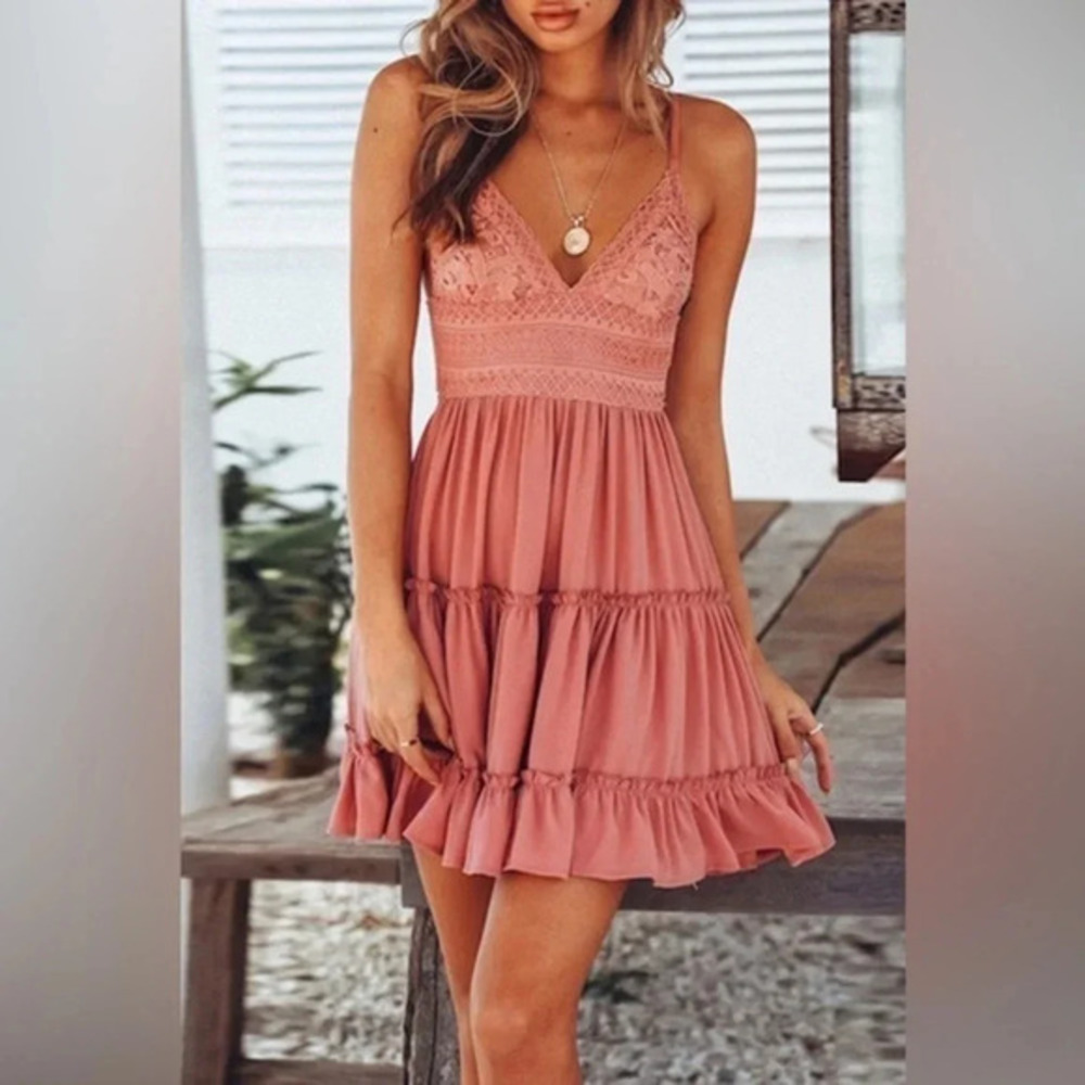 Dusty Rose Lace Tiered Mini Dress Spaghetti Strap Flowy Boho NWT